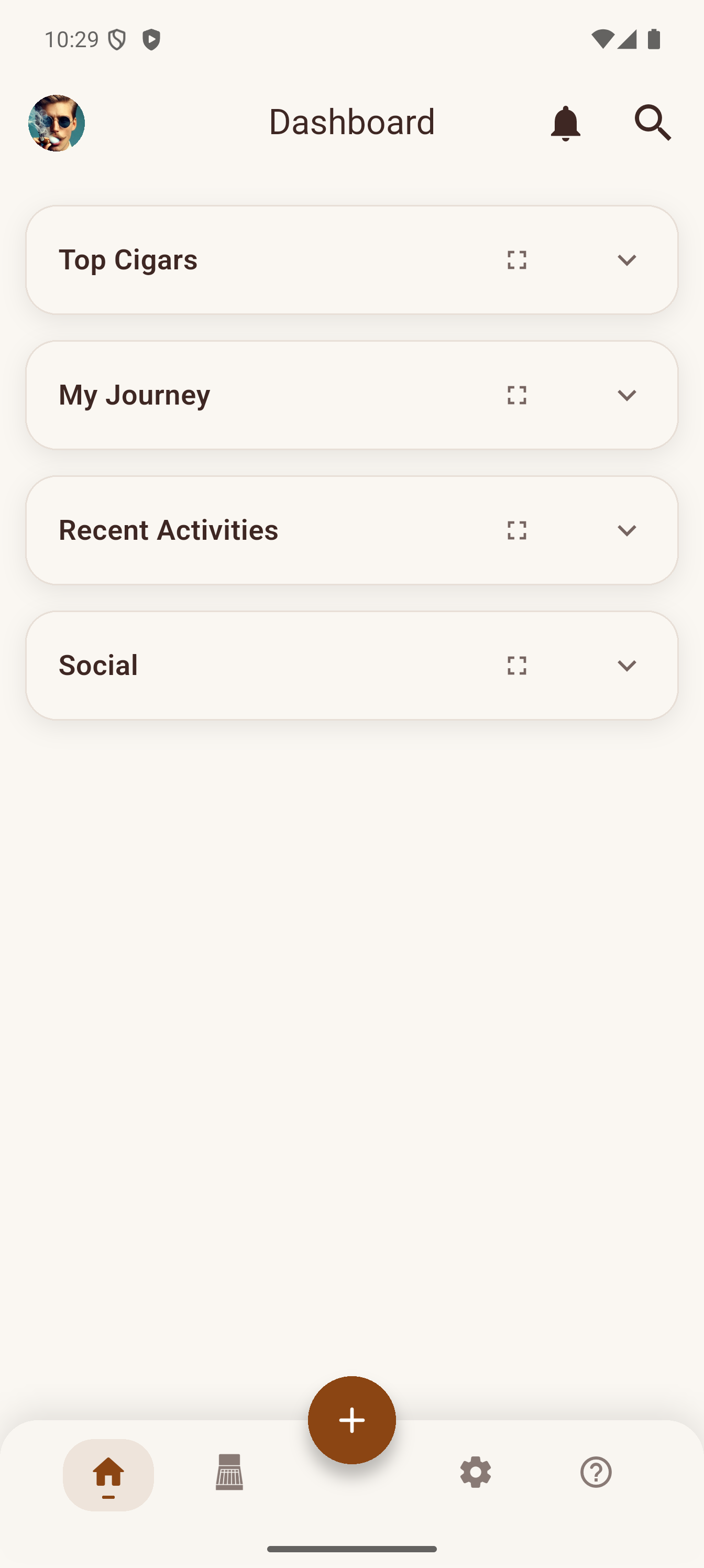 Dashboard showing Top Cigars, My Journey, Recent Activities and Social features
