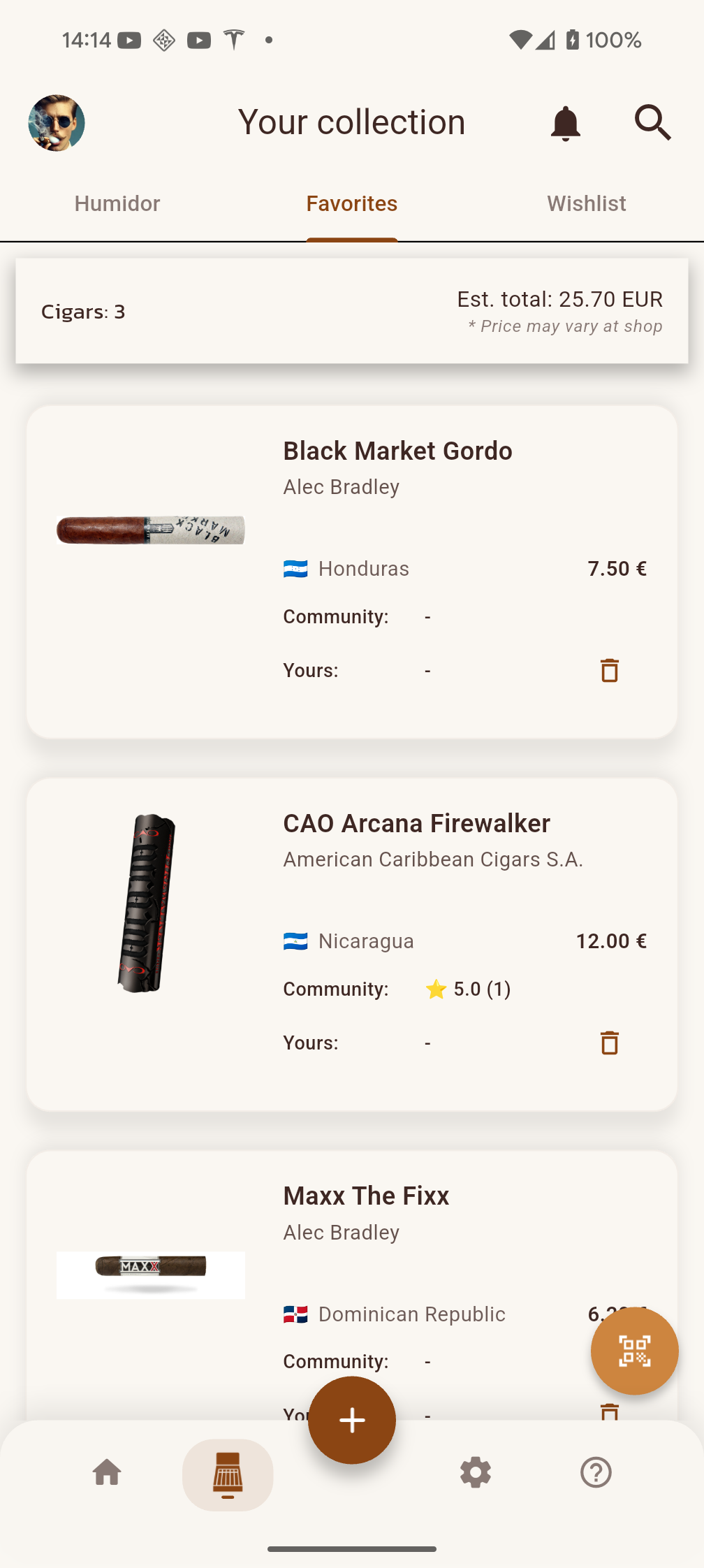 Collection view showing Humidor, Favorites and Wishlist tabs with cigar details