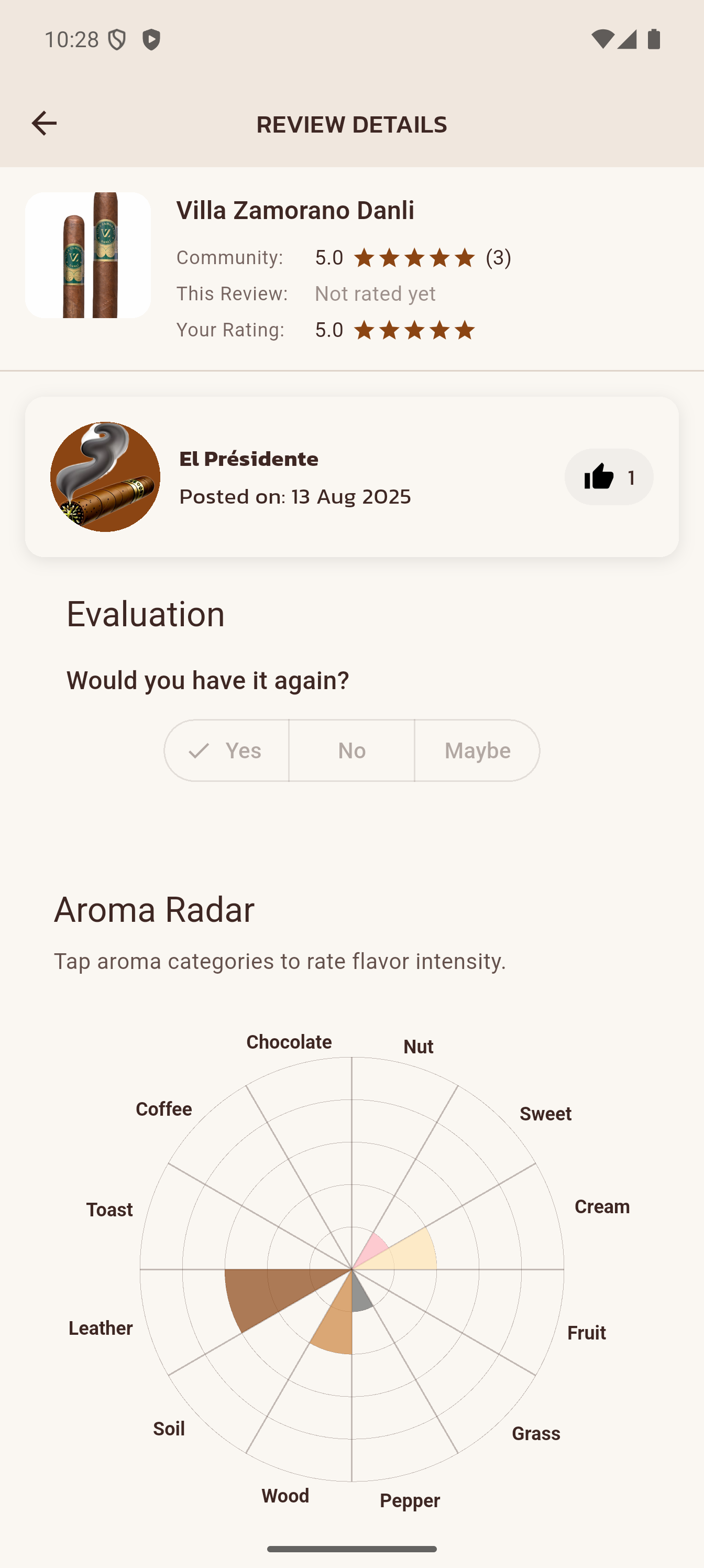 Review details with Aroma Radar showing flavor profiles
